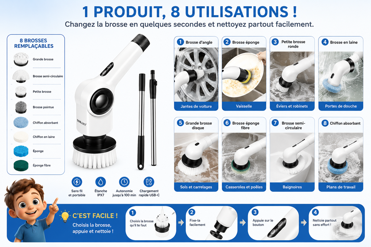 brosse de nettoyage électrique rotative multifonction 8 en 1