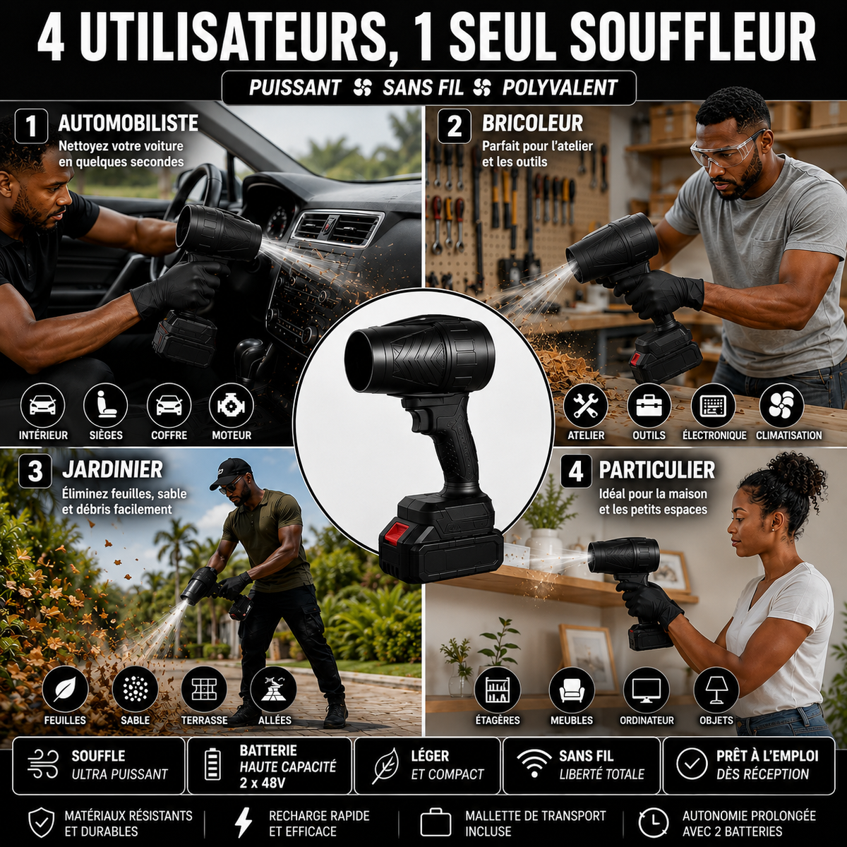 Souffleur d'Air Sans Fil 48V Pro – 2 Batteries, Mallette Incluse & Puissance Maximale
