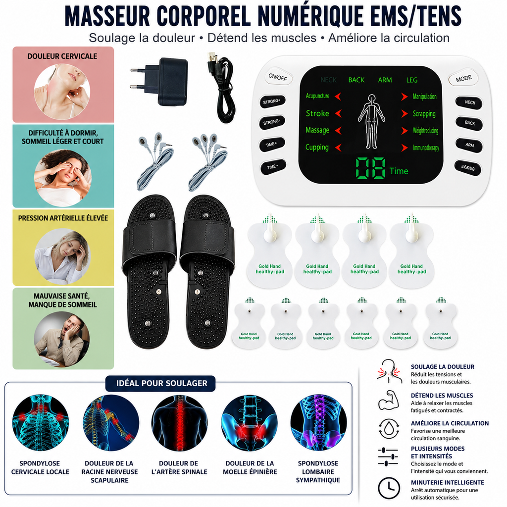 Appareil de Physiothérapie EMS avec Chaussons Thérapeutiques – Soulage les Douleurs, Détend les Muscles et Stimule la Circulation
