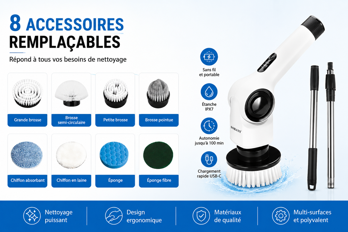 brosse de nettoyage électrique rotative multifonction 8 en 1